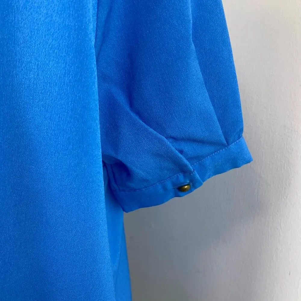 Tulip B Boutique Royal Blue Short Sleeve Ruffle Neck Tie Pussybow Blouse Large